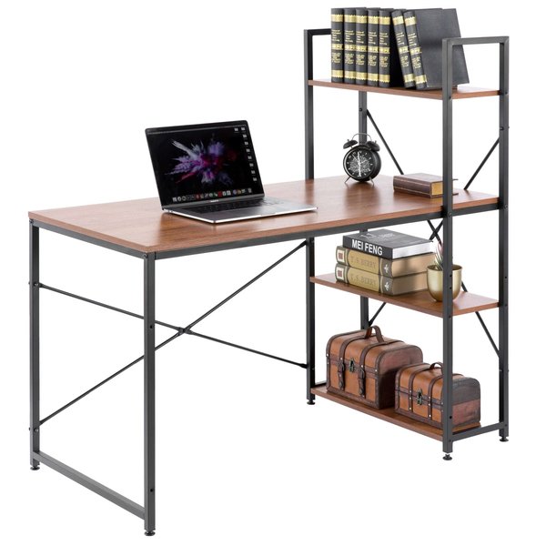 Basicwise Wood and Metal Industrial Home Office Computer Desk with Bookshelves, Cherry QI003993.CR